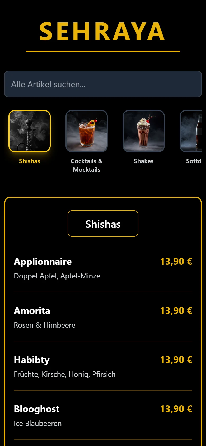 Digitale Speisekarte SEHRAYA auf dem Handy